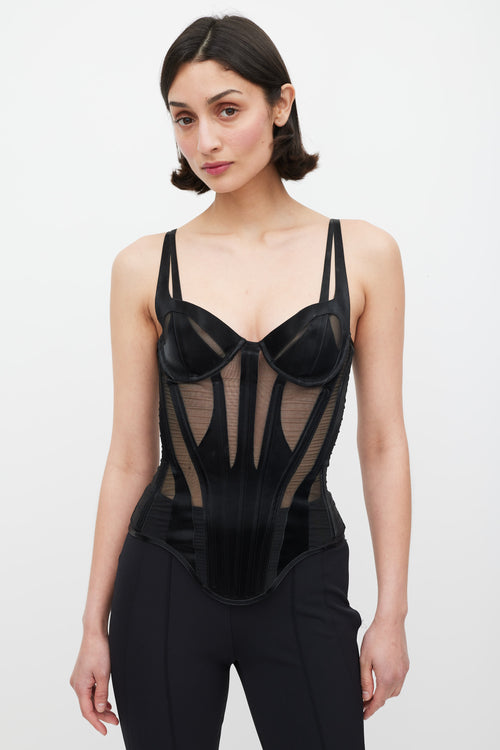 Mugler Black Mesh Panelled Cutout Bustier Top