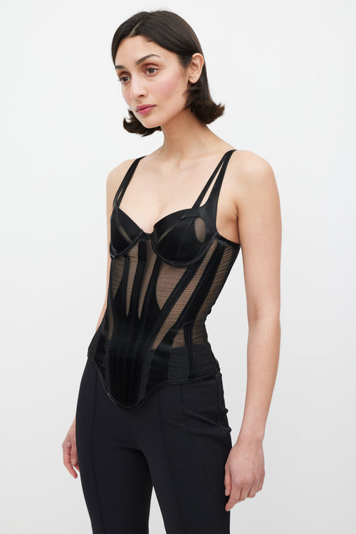 Mugler Black Mesh Panelled Cutout Bustier Top