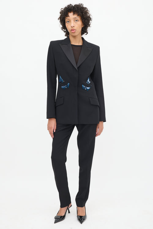 Mugler Black Satin Peak Lapel Embellished Suit