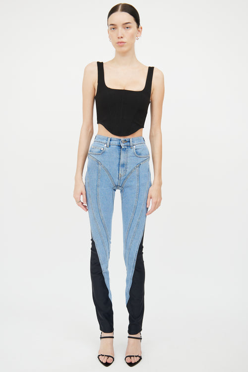 Mugler Blue 
Black Spiral Panel Jeans