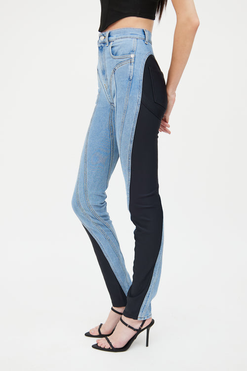 Mugler Blue 
Black Spiral Panel Jeans