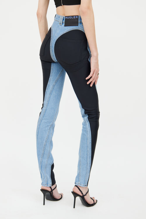 Mugler Blue 
Black Spiral Panel Jeans