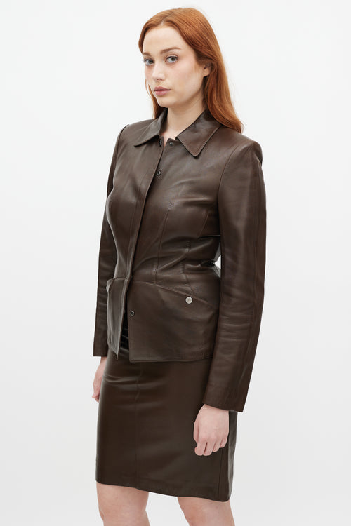 Mugler Brown Leather Skirt Suit