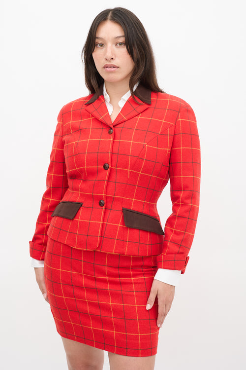 Mugler Red 
Multi Wool Check Two Piece Skirt Suit