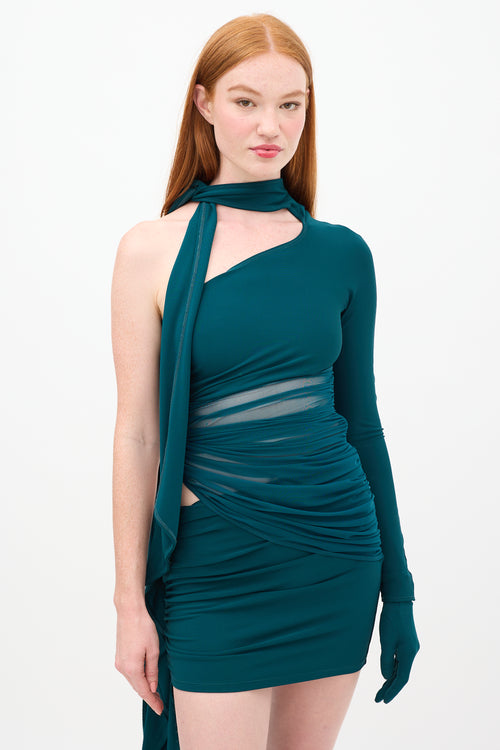 Mugler X H&M Green Ruched Asymmetrical Glove Dress