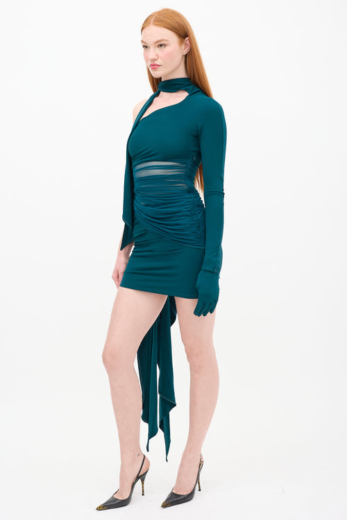 Mugler X H&M Green Ruched Asymmetrical Glove Dress