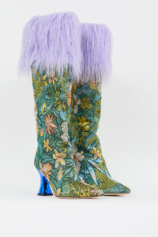 Shuting Qiu Multicolor Faux Fur Floral Jacquard Boot