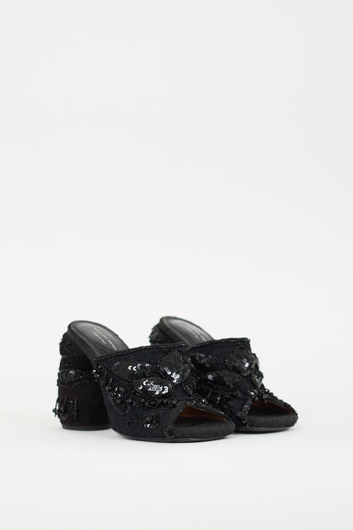 Dries Van Noten Black Beaded Lace Heeled Mule