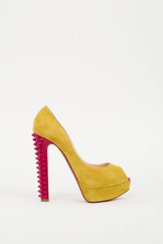 Christian Louboutin Yellow 
Pink Suede Studded Babel Clou Pump