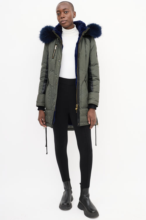 Nicole Benisti Khaki Green 
Blue Shearling Down Coat