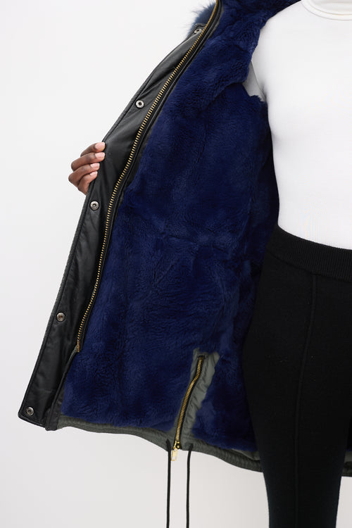 Nicole Benisti Khaki Green 
Blue Shearling Down Coat