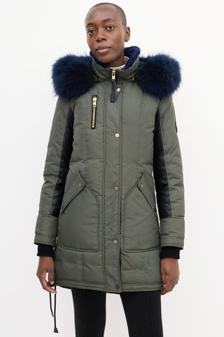 Nicole Benisti Khaki Green 
Blue Shearling Down Coat