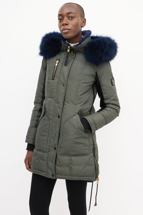 Nicole Benisti Khaki Green 
Blue Shearling Down Coat