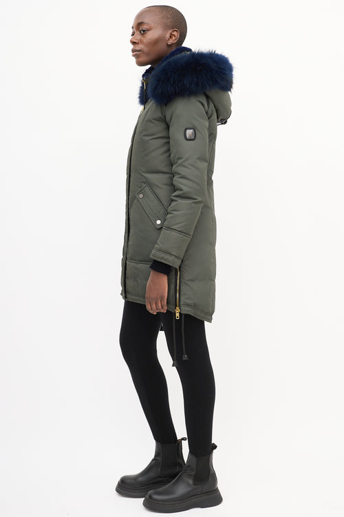 Nicole Benisti Khaki Green 
Blue Shearling Down Coat