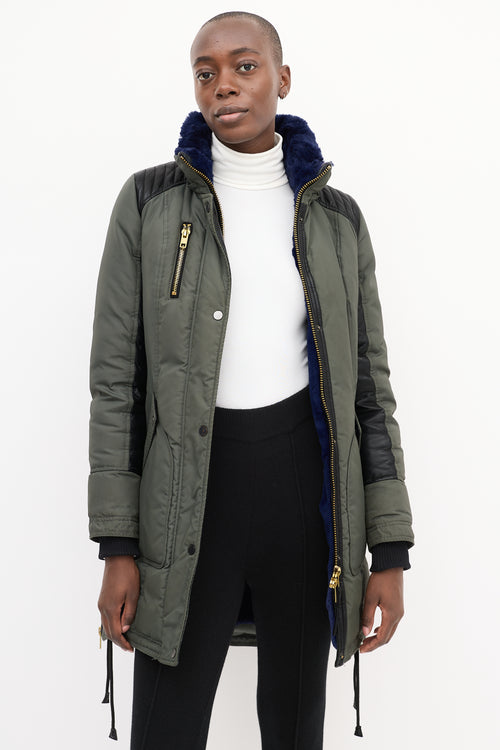 Nicole Benisti Khaki Green 
Blue Shearling Down Coat