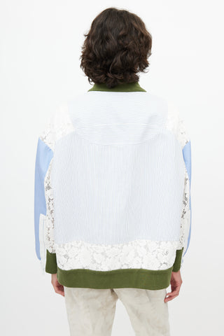 N°22 Blue 
White Stripe Lace Panel Bomber Jacket