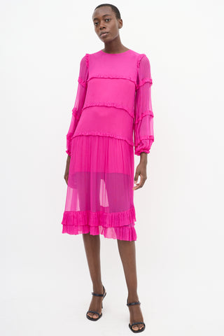 N°21 Fuchsia Plissé Ruffle Trim Tier Midi Dress