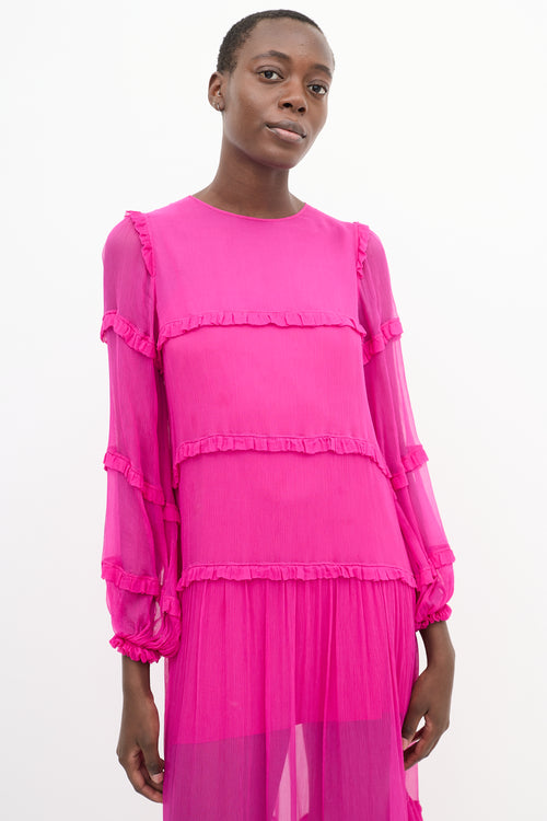 N°21 Fuchsia Plissé Ruffle Trim Tier Midi Dress