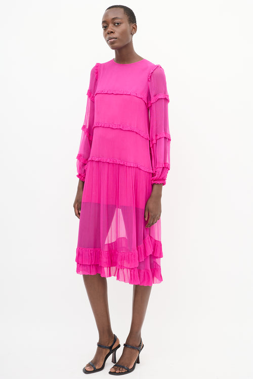 N°21 Fuchsia Plissé Ruffle Trim Tier Midi Dress