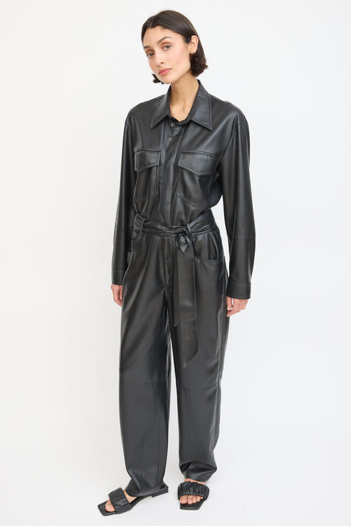 Nanushka Black Faux Leather Belted Jumpsuit