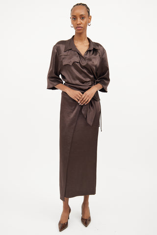 Nanushka Brown Satin Wrap Skirt 
Shirt Set