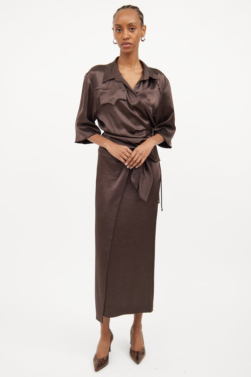 Nanushka Brown Satin Wrap Skirt 
Shirt Set