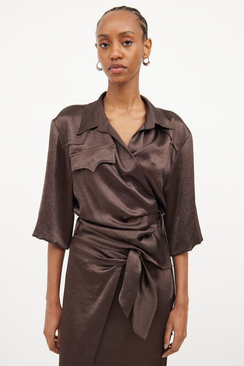 Nanushka Brown Satin Wrap Skirt 
Shirt Set