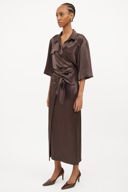 Nanushka Brown Satin Wrap Skirt 
Shirt Set