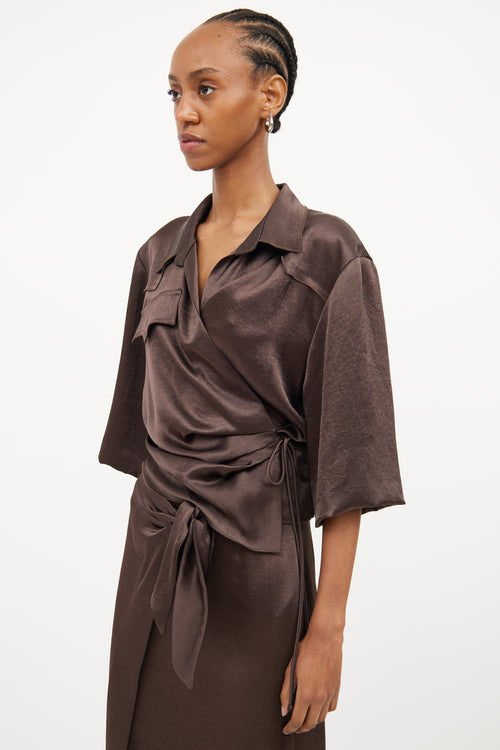 Nanushka Brown Satin Wrap Skirt 
Shirt Set