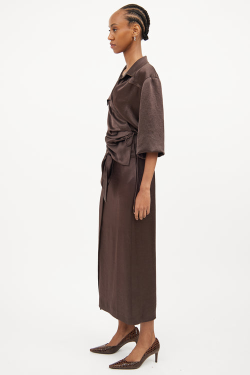 Nanushka Brown Satin Wrap Skirt 
Shirt Set