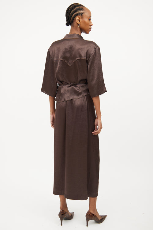 Nanushka Brown Satin Wrap Skirt 
Shirt Set