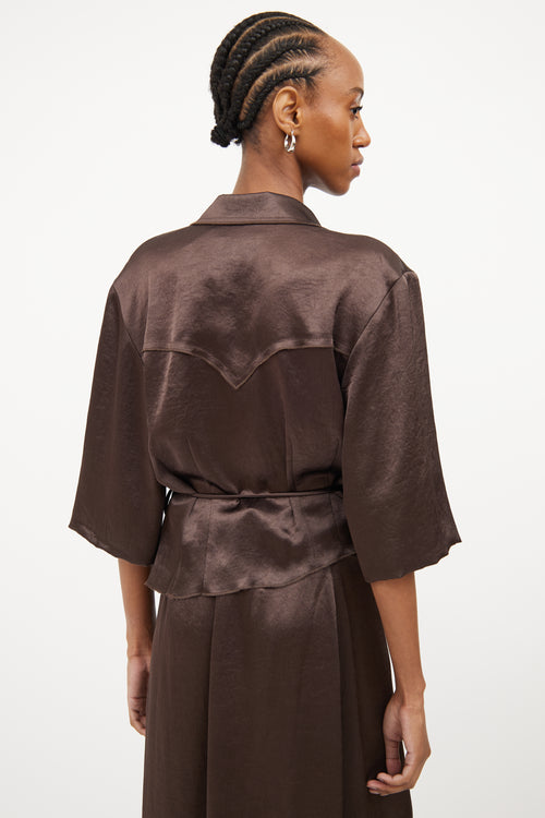 Nanushka Brown Satin Wrap Skirt 
Shirt Set