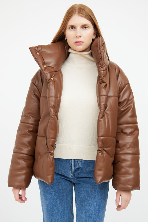 Brown Vegan Leather Puffer Jacket