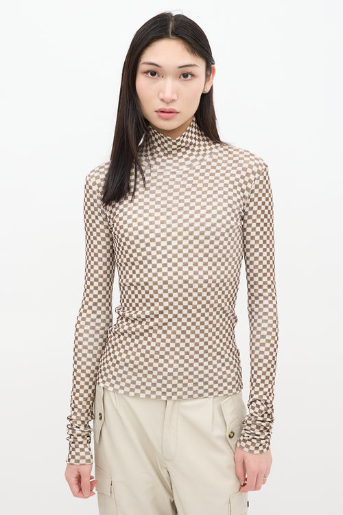 Nanushka Beige 
Green Checkered Turtleneck Top