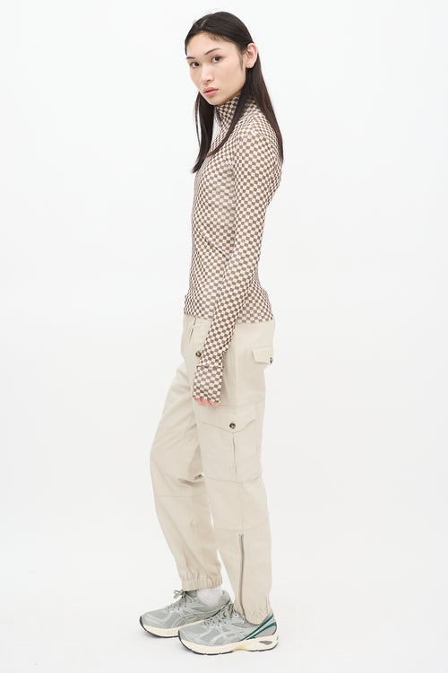 Nanushka Beige 
Green Checkered Turtleneck Top