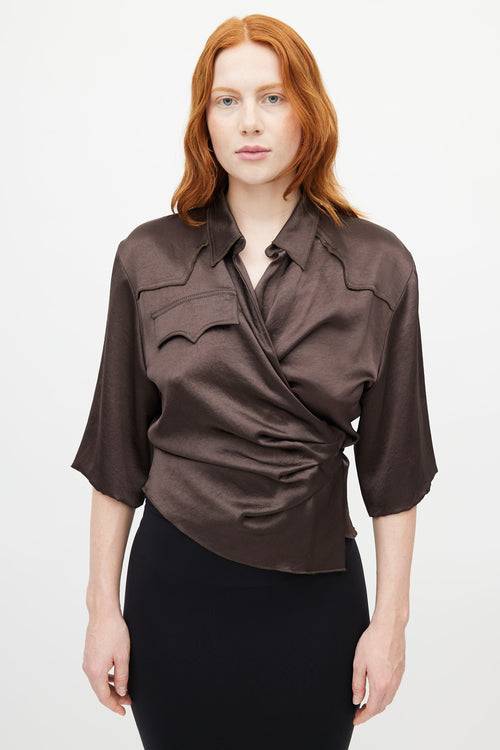 Nanushka Brown Satin Western Wrap Shirt