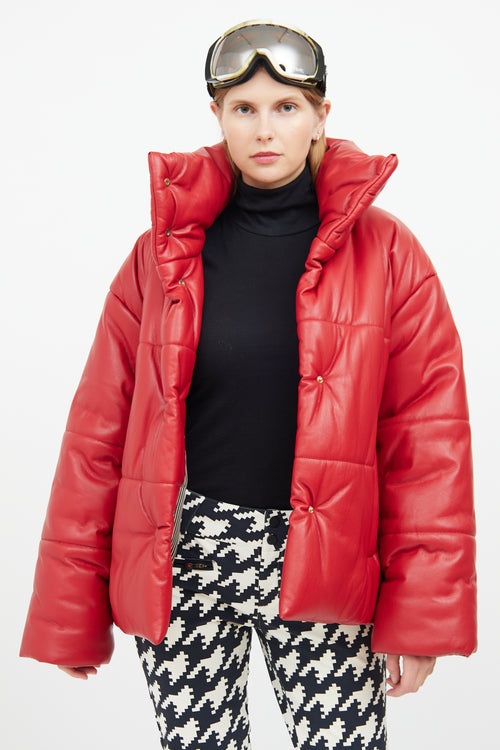 Red Vegan Leather Puffer Jacket