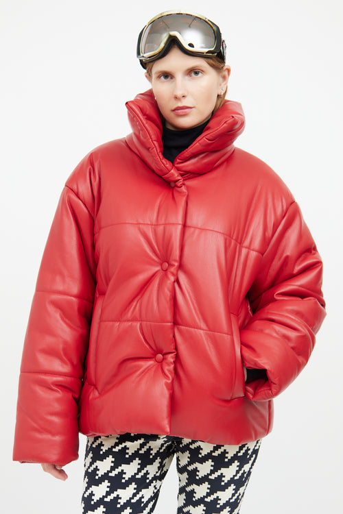 Red Vegan Leather Puffer Jacket