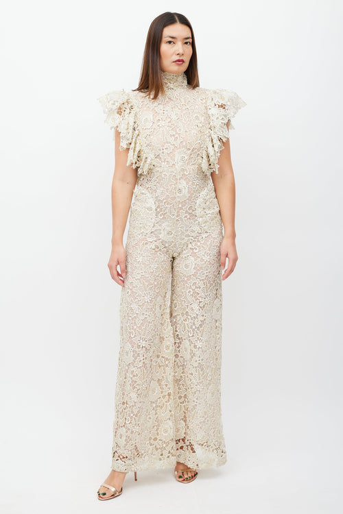 Narces Cream 
Gold Floral Lace Jumpsuit