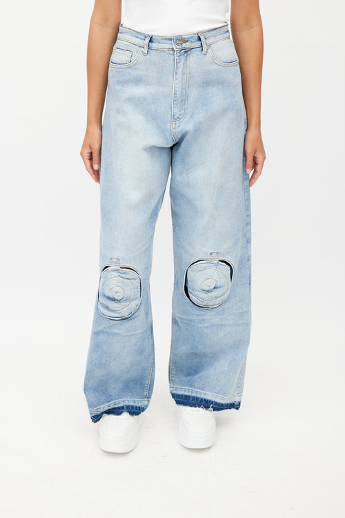 Natasha Zinko Blue Knee Pad Wide Leg Denim Jeans