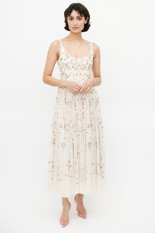 Needle 
Thread Beige 
Multicolour Floral Embroidered Tulle Dress