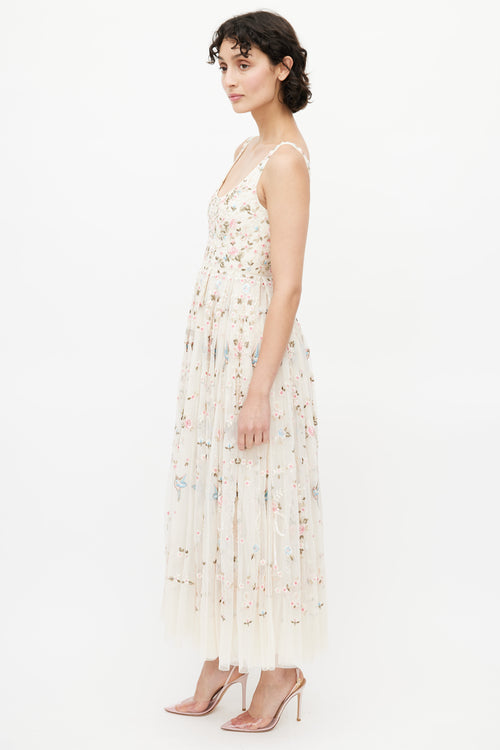 Needle 
Thread Beige 
Multicolour Floral Embroidered Tulle Dress