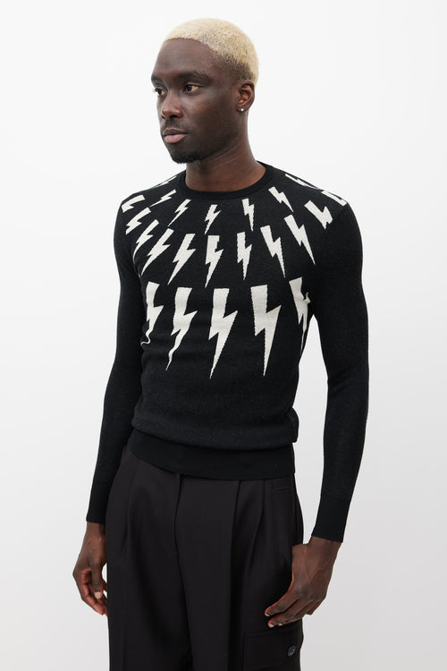 Neil Barrett Black 
White Lightning Bolt Knit Sweater