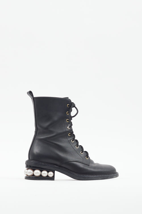 Nicholas Kirkwood Black Leather Pearl Heel Combat Boot