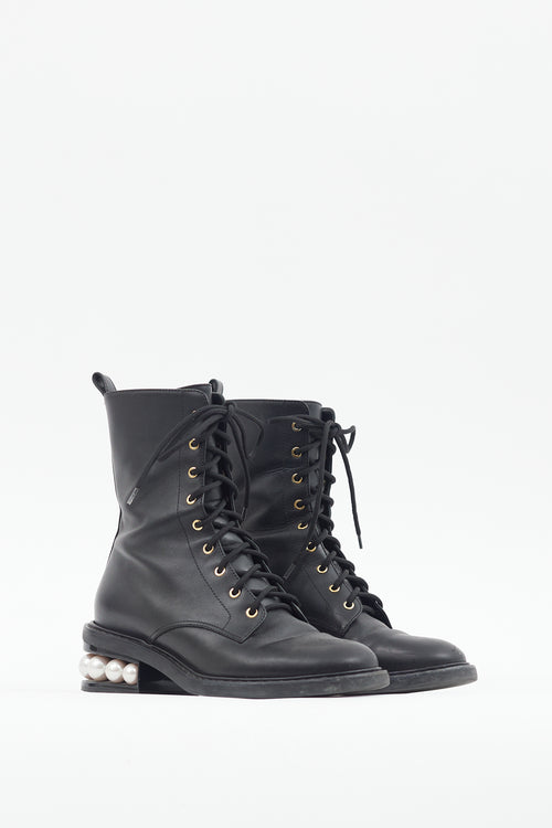 Nicholas Kirkwood Black Leather Pearl Heel Combat Boot