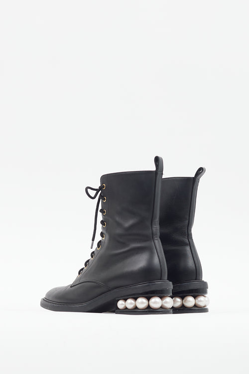 Nicholas Kirkwood Black Leather Pearl Heel Combat Boot