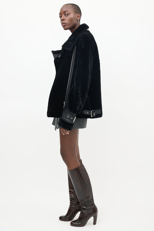 Nicole Benisti Black Shearling 
Leather Buckled Jacket