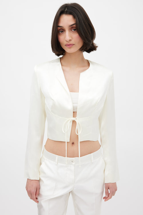 Nicole Miller Cream Satin Tie Front Cropped Jacket