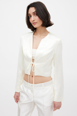 Nicole Miller Cream Satin Tie Front Cropped Jacket