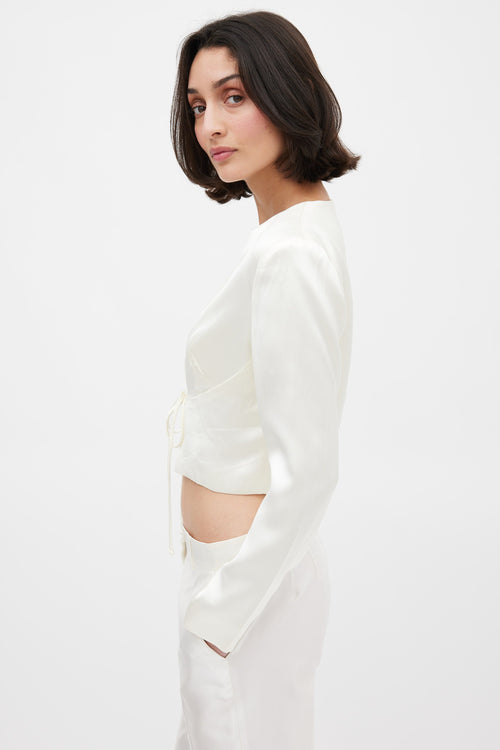 Nicole Miller Cream Satin Tie Front Cropped Jacket